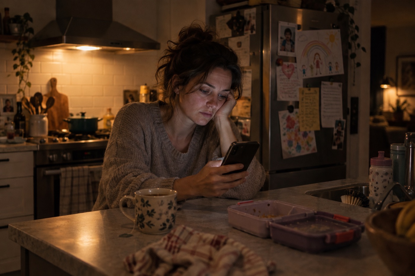 A tired mother scrolling her phone late at night in the kitchen