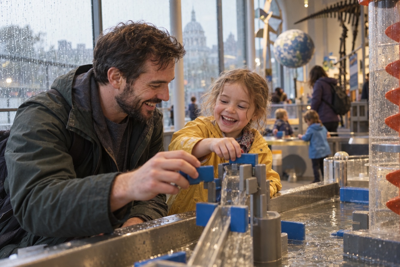 A father and child laughing at a museum water table on a rainy day